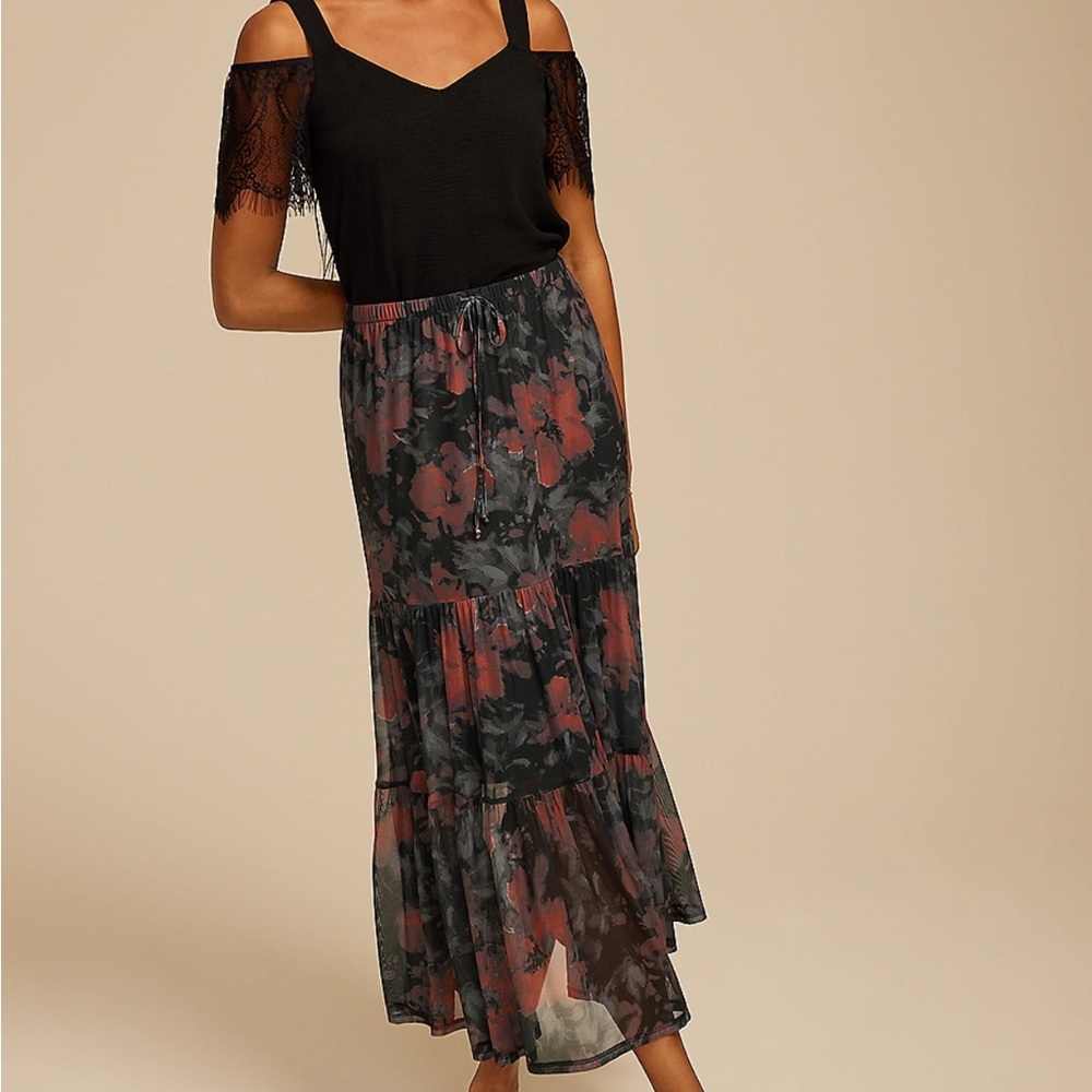 Floral Printed Mesh High Rise Maxi Skirt